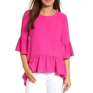 Gibson Ruffled Handkerchief Hem Top, L